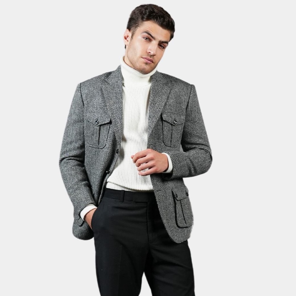 Banana Republic Wool Blend Men 44L Grey Tweed Blazer Herringbone